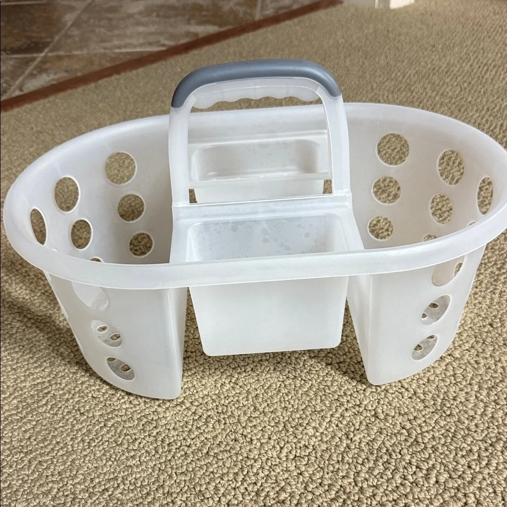 Oval White shower caddy with Gray Handle